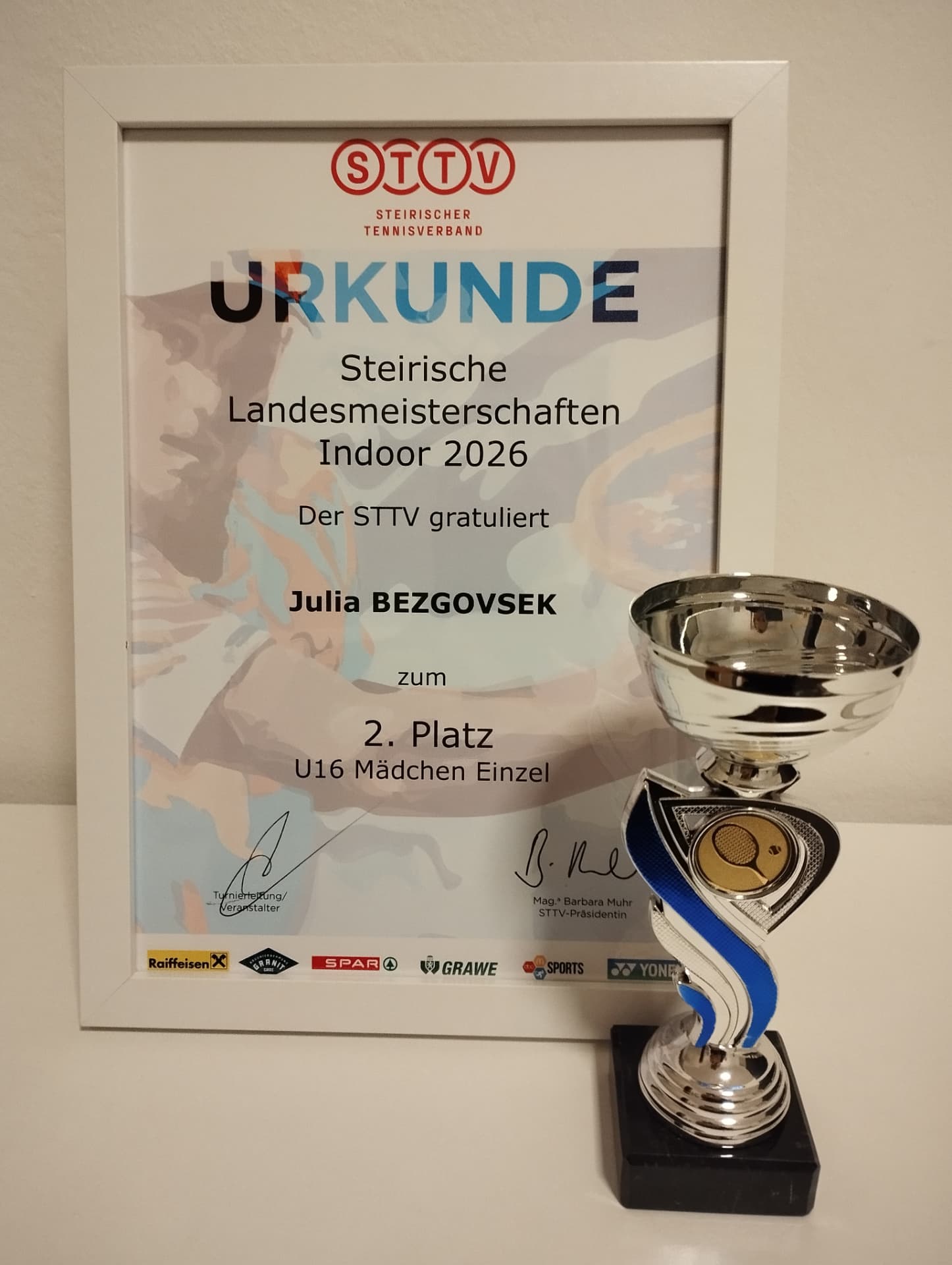 Julia's 2026 Styrian Indoor Championships trophy and certificate